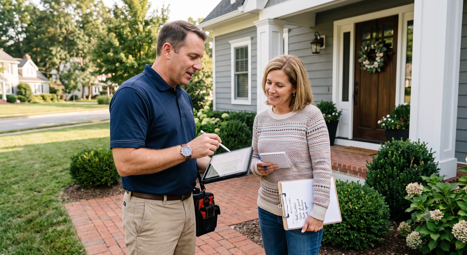 Inspector conducting a front-of-home walkthrough with a client