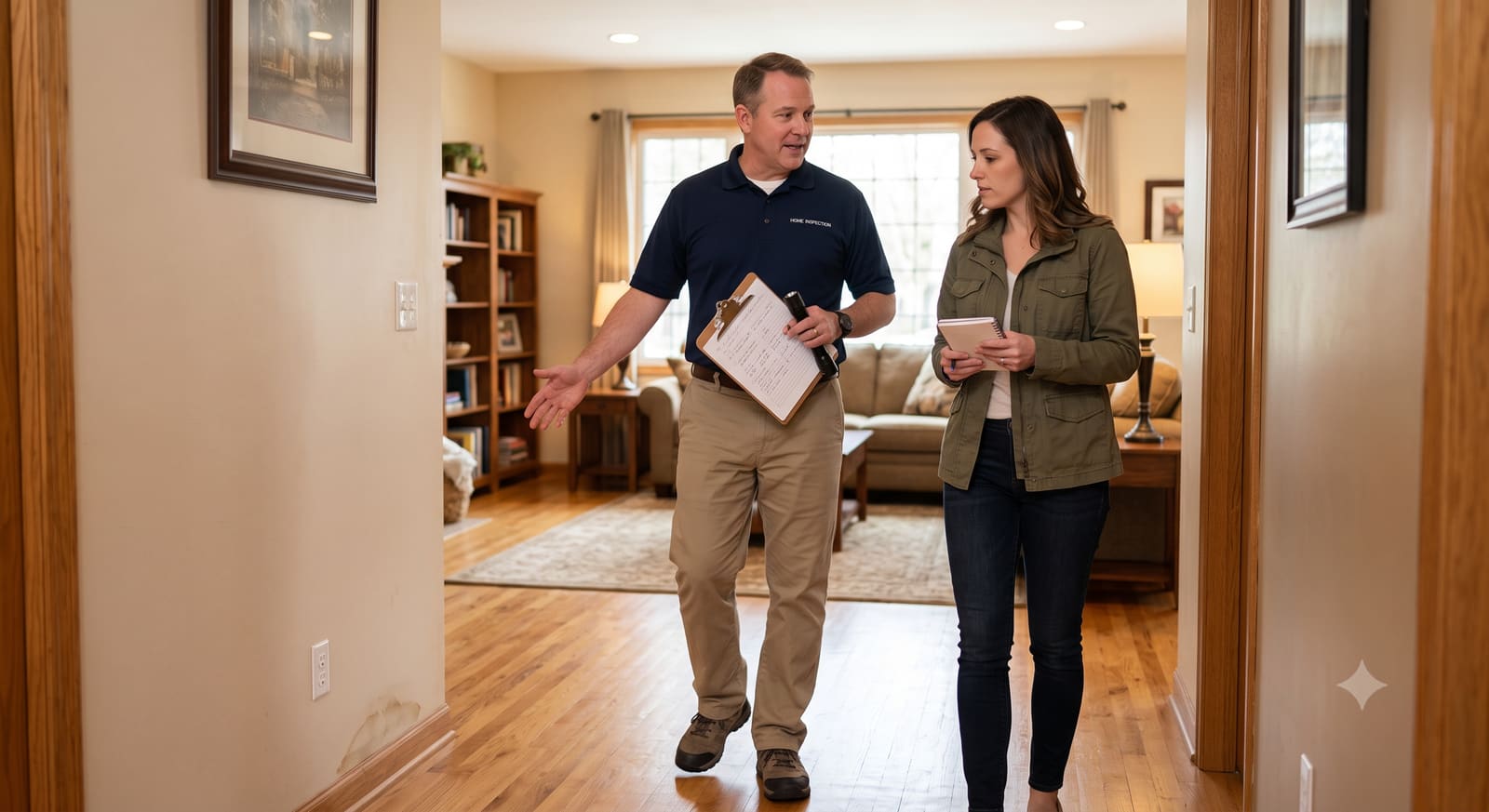 Inspector discussing home inspection findings with a client
