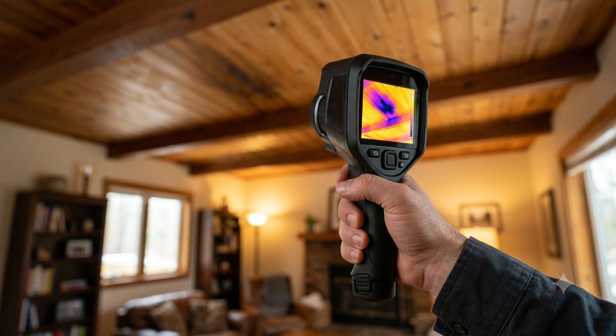 Thermal imaging camera checking for hidden temperature differences inside a home